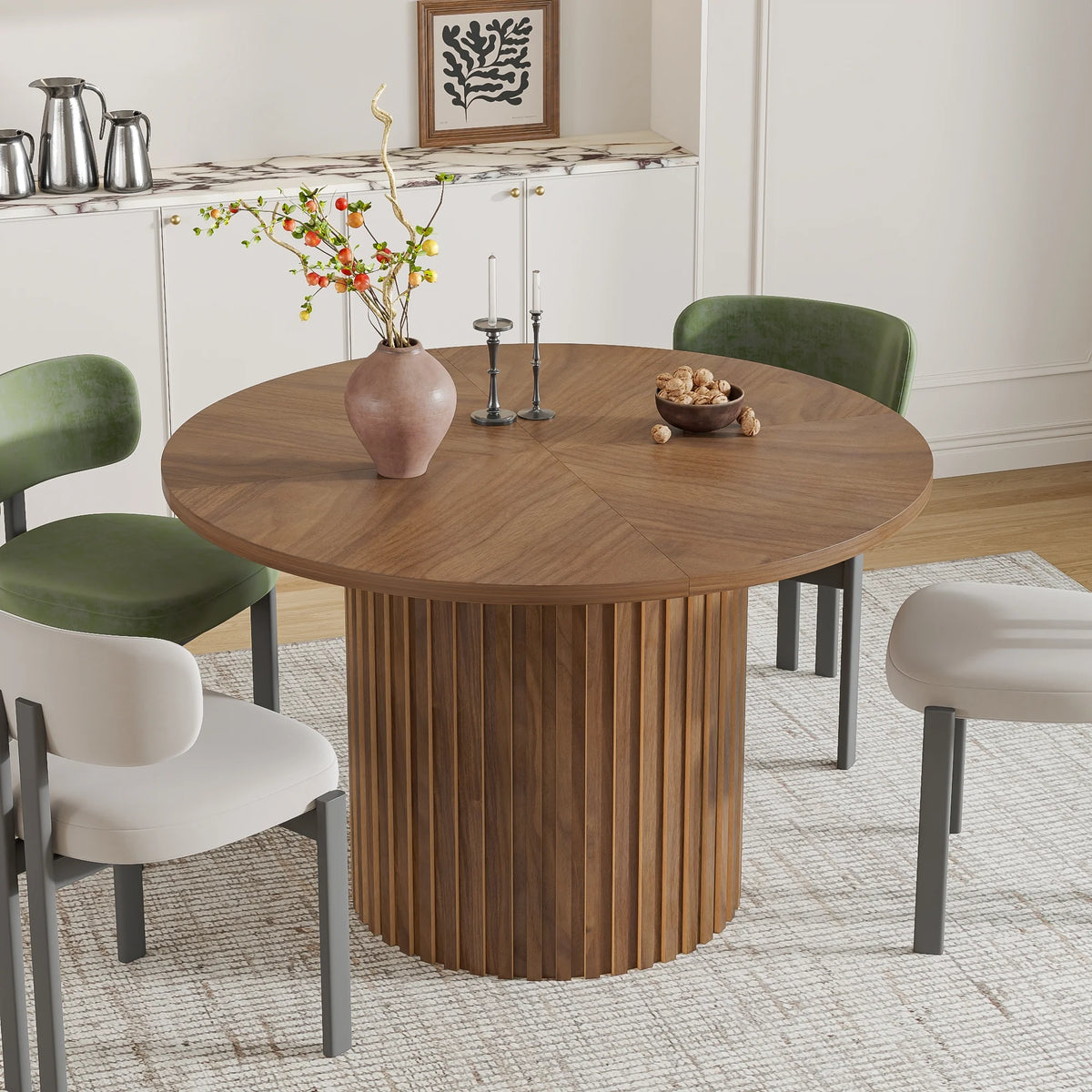 Modern Round Dining Table, 47 Inch Small Circle Kitchen Tables for 4-6, Wood Strip Base, Farmhouse Table for Kitchen, Dinning Room, Walnut