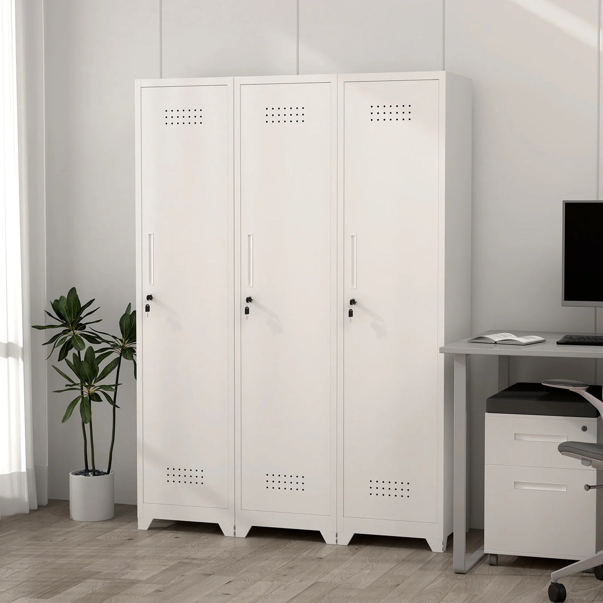 Marcree 65" H Slim Broom Storage Cabinet, Metal Broom Closet with Shelves and Hanging Rod, Utility Cabinet for Brooms and Mops, Tall Cleaning Storage Cabinet for Kitchen, Pantry, Office, Shop, Garage