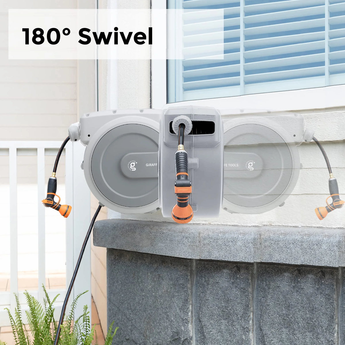 Giraffe Tools Retractable Garden Hose Reel with 1/2in-100ft Water Hose, Plastic Bracket, Wall Mounted, Dark Grey