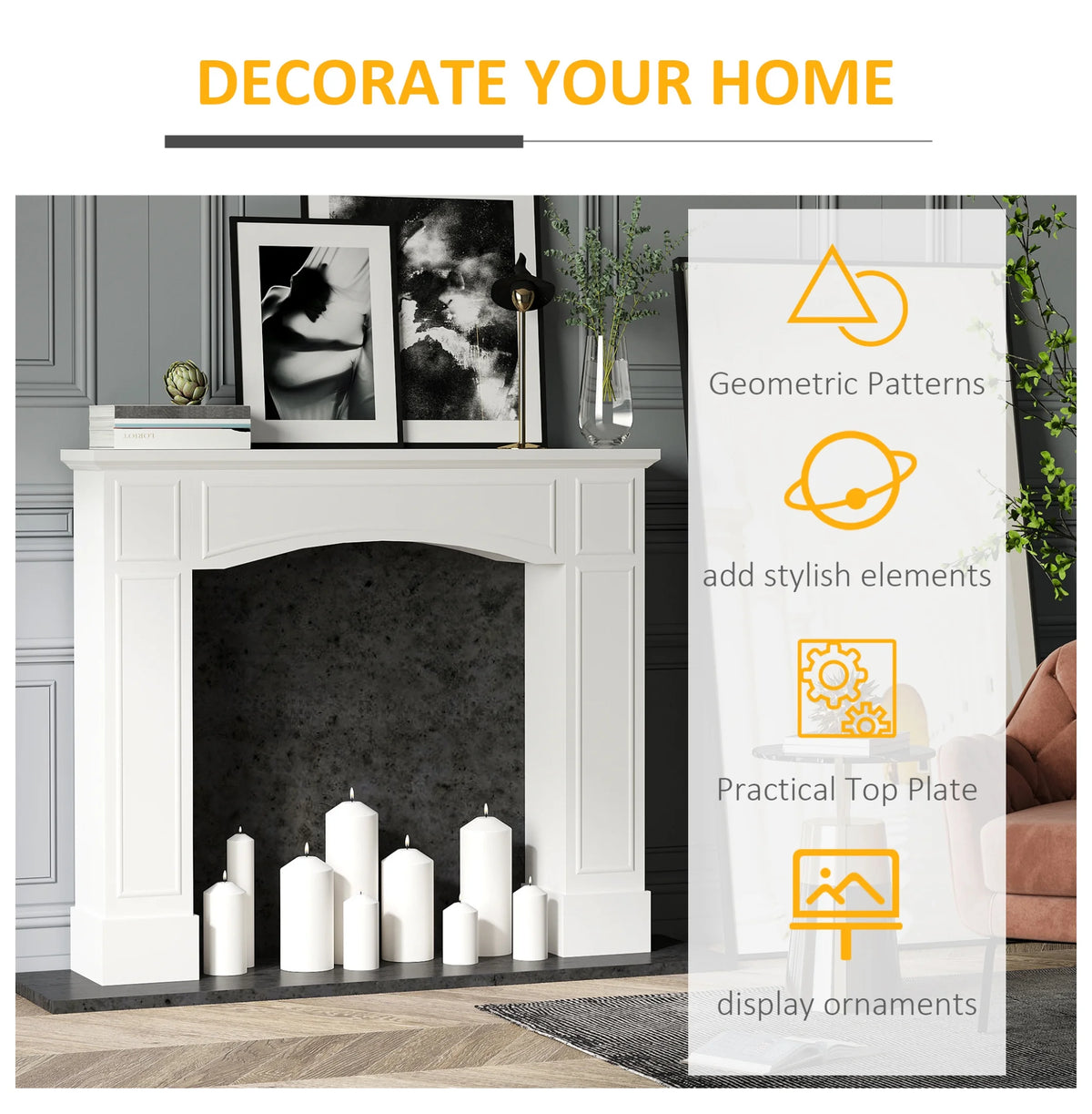 Modern Fireplace Mantel, Surround Mantels for Fireplace with Decorative Pattern Interior Width 29" White
