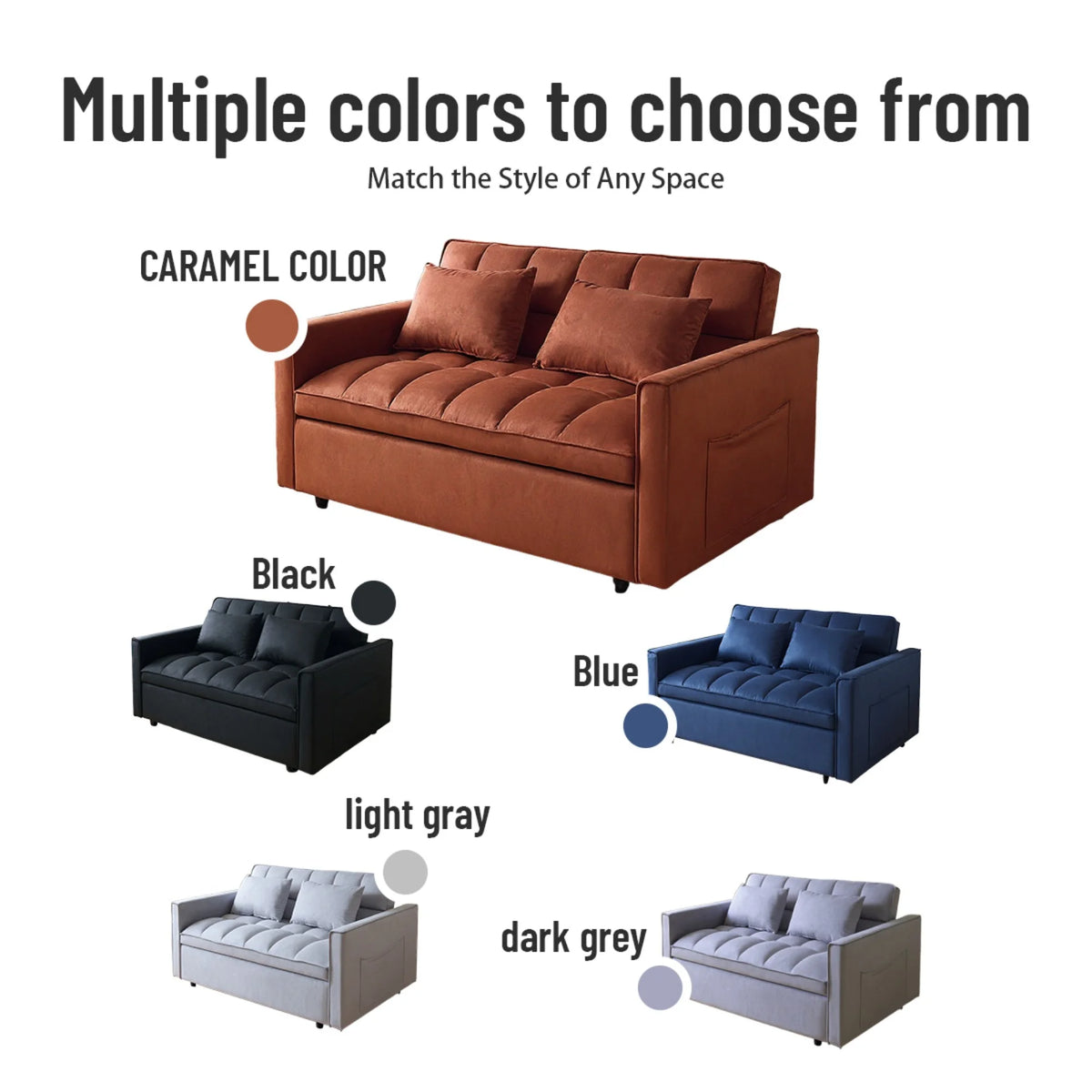 Gewnee 55'' Modern Convertible Velvet Sofa Bed with Pull-Out Twin Bed, Adjustable Backrest for Living Room, Office (Dark Gray)