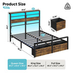 Pinmoco LED Queen Bed Frame with 49.2" High Storage Headboard and 4 Drawers, Adjustable Base Height Metal Platform Bed with Charging Station, Rustic