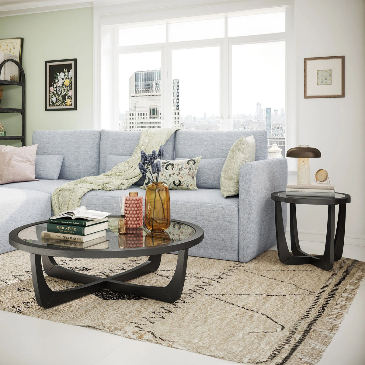 Beautiful by Drew Barrymore Round Rattan and Glass Top Coffee Table, Black