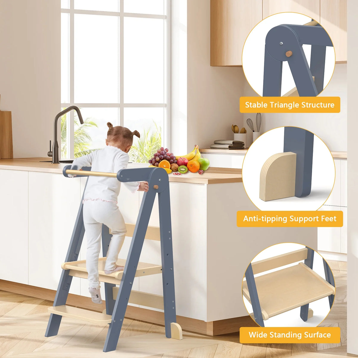 JOZ Kitchen Toddlers Step Stool, Montessori Kids Learning Stool, Foldable Toddler Tower for Counter, Standing Helper for Children, 3 Adjustable Heights, Wooden, White