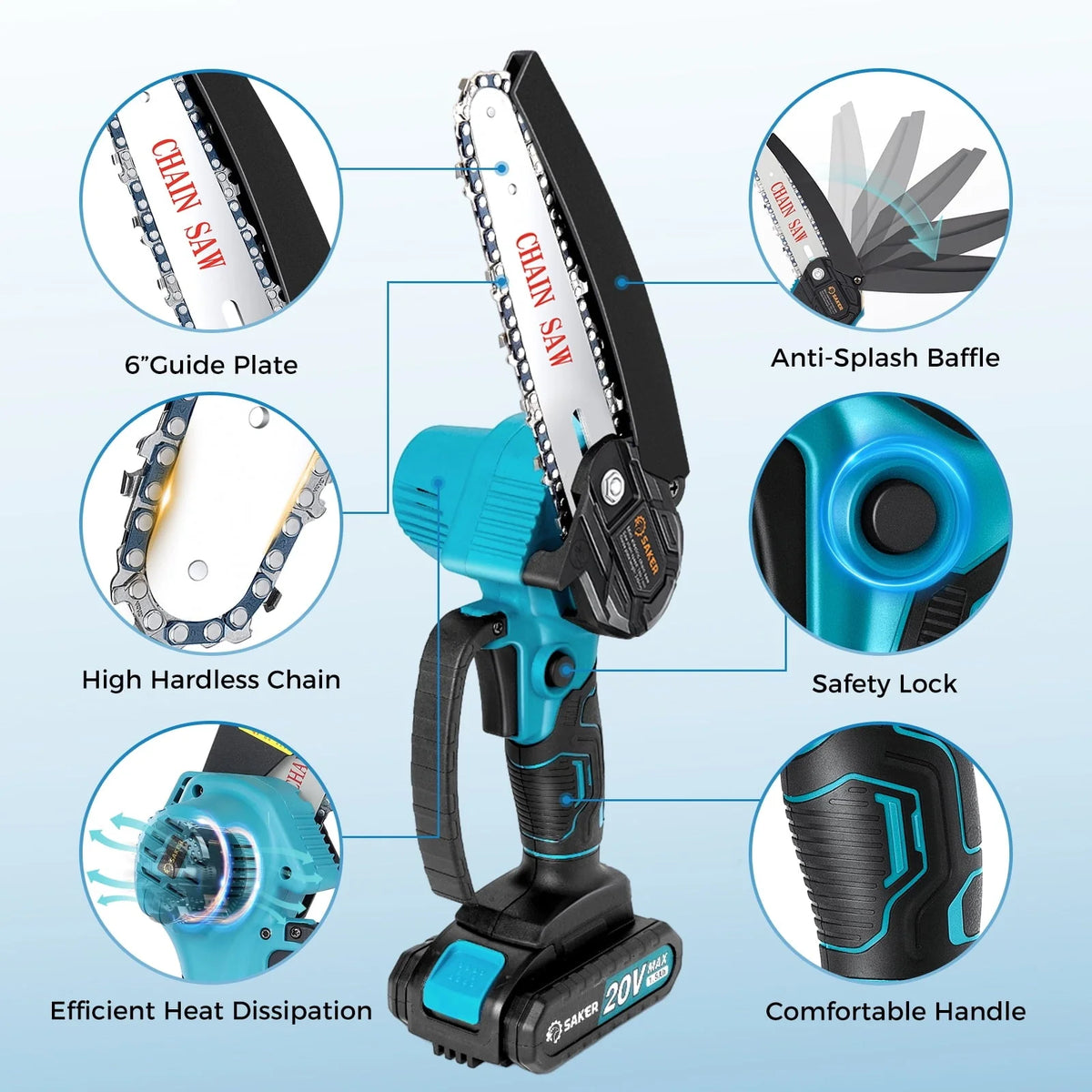 Saker 6 Inch Mini Chainsaw, Handheld Pruning Chainsaw, Electric Cordless Chainsaw for Tree Branches, Courtyard, Household & Garden, With 2PCS 20V 1500mAh Batteries & 3 PCS Chains
