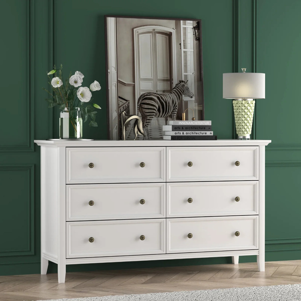 IKENO 6 Drawers White Dresser, Modern Solid Wood Chest of Drawers, White Dresser for Bedroom Room