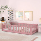 UHOMEPRO Twin Size Floor Bed with Door and Fence, Montessori Floor Bed with Slats and Safety Guardrails, Solid Wood Twin Bed Frame for Bedroom, White