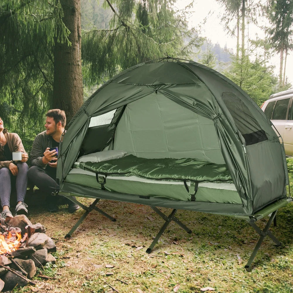 Multi functional folding adult camping bed, elevated tent with sleeping bag, portable single camping bed