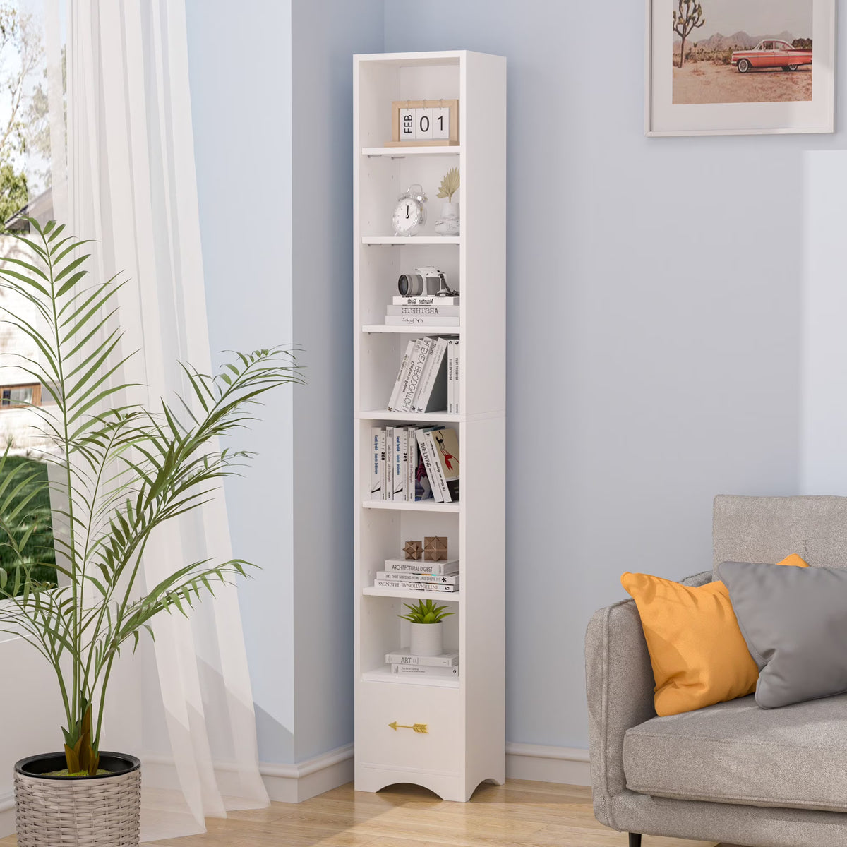 Javlergo 71" Tall Narrow Bookcase, Small Corner Bookshelf with Adjustable Shelves & Drawer, White