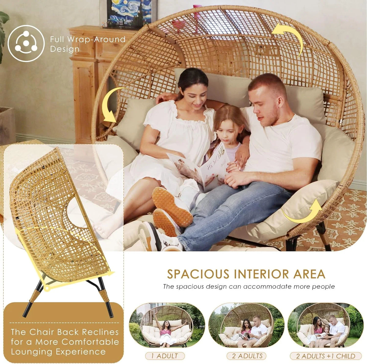 RADIATA 440 lbs Outdoor Egg Chair with Foot Rest & Ottoman, Wicker Patio Egg Chair for Indoor or Garden,Beige