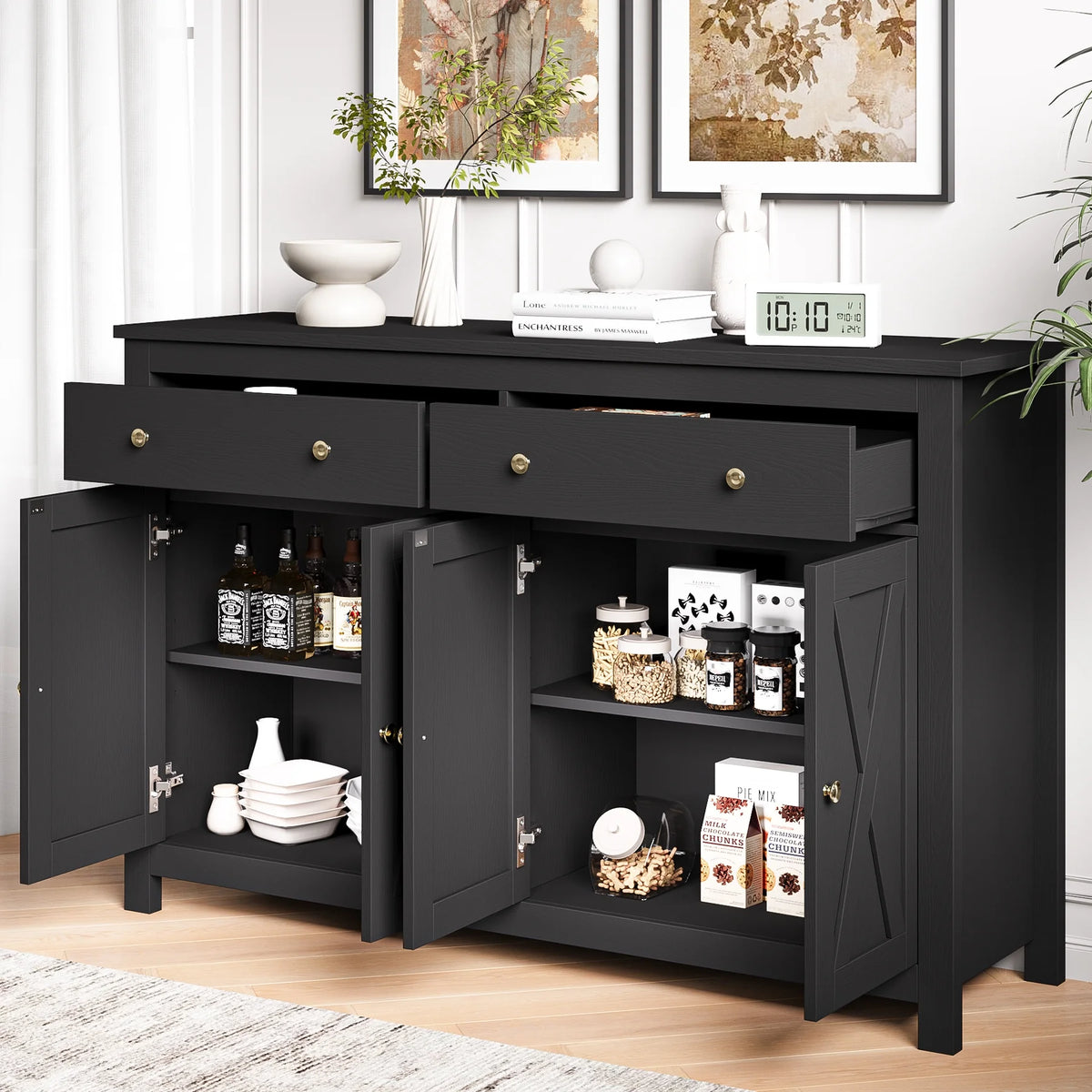 Homfa 55.1'' W Farmhouse Storage Cabinet, 4-Doors 2-Drawers Wood Sideboard with Adjustable Shelves for Kitchen Dining Room, White