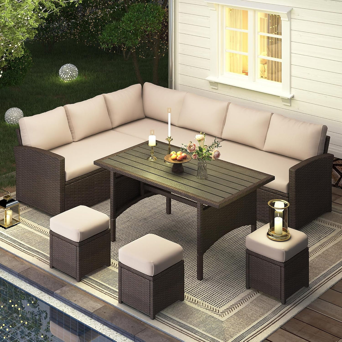 AECOJOY 7 Piece Patio Furniture Set PE Rattan Outdoor Dining Set Sectional Sofa Couch with Table Patio Conversation Set in Gray