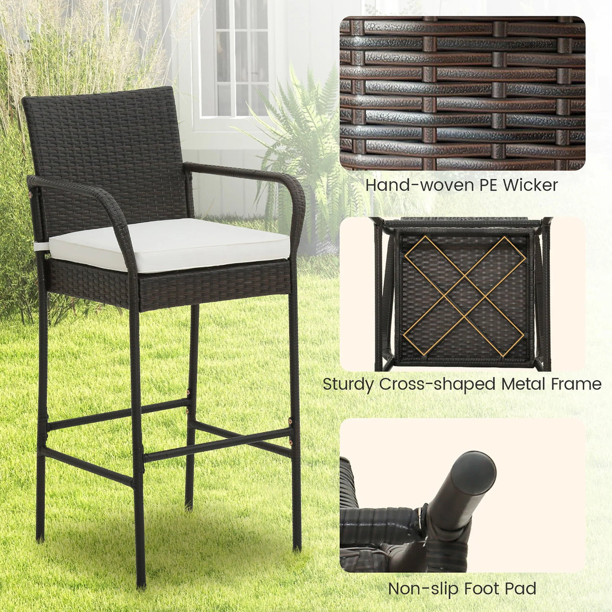 Gymax Set of 2 Wicker Bar Stools Set Outdoor High Back Bar Counter Chairs w/ Cushions