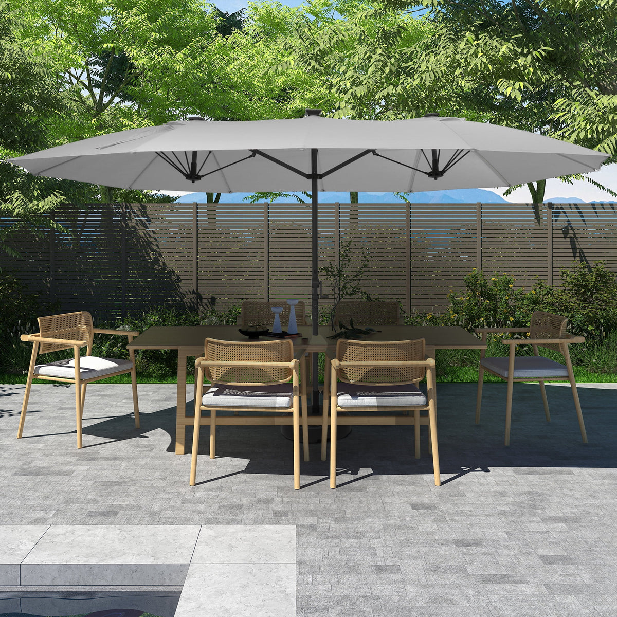 Mondawe 15ft Patio Umbrella, Large Double-Sided Solar LED Outdoor Umbrella with Fiberglass Ribs and Base for Deck Pool, Navy Blue