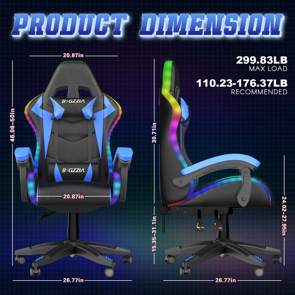 Bigzzia Gaming Chair with LED Lights Ergonomic Office Chair for Adults and Kids - Adjustable Height, 360�� Swivel, Headrest Support, Mesh PU Leather, Black & Green