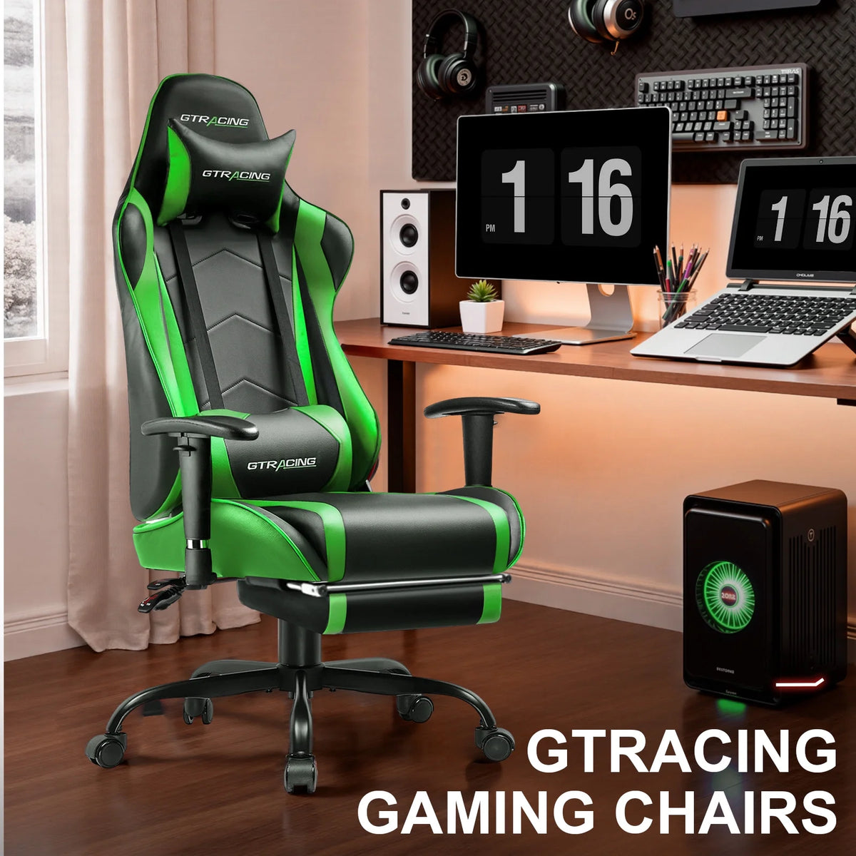 GTRACING Gaming Chair, Ergonomic Office Desk Chair with Lumbar Support, PU Leather, Footrest & Adjustable Headrest, Red