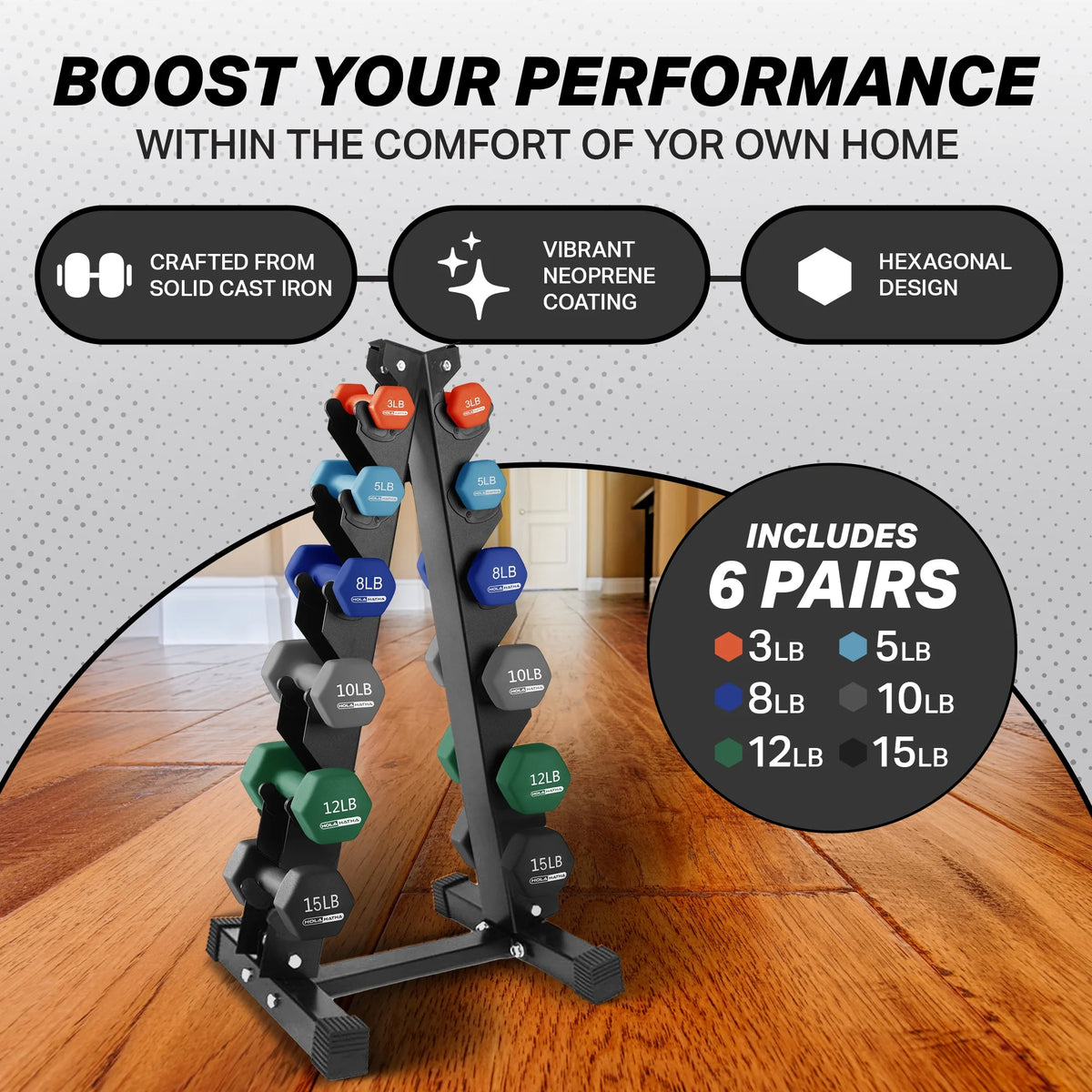 HolaHatha Neoprene Dumbbell Weight Set with Rack (Black), 112.5 lb