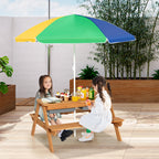 Costway 3-in-1 Kids Picnic Table Wooden Outdoor Sand & Water Table with Umbrella Play Boxes Green