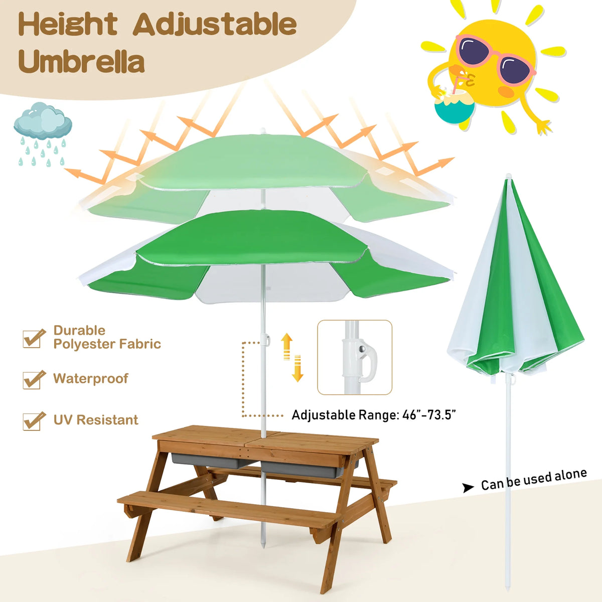 Costway 3-in-1 Kids Picnic Table Wooden Outdoor Sand & Water Table with Umbrella Play Boxes Green
