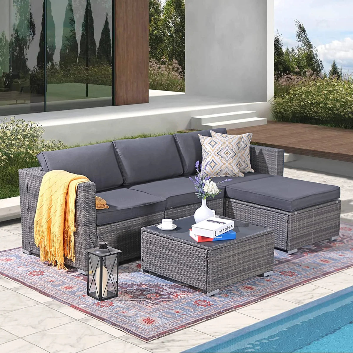 Patiorama 5-Piece Patio Furniture Set, Outdoor Sectional Conversation Set, All-Weather Grey PE Wicker with Light Grey Cushions, Backyard Porch Garden