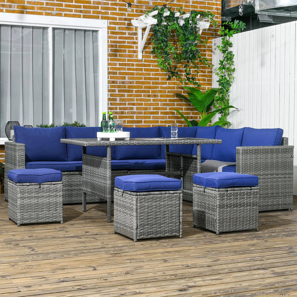 Resenkos Wicker Outdoor Patio Furniture Set, L-Shaped 7 Pieces Outdoor Dining Sectional Sofa, Gray