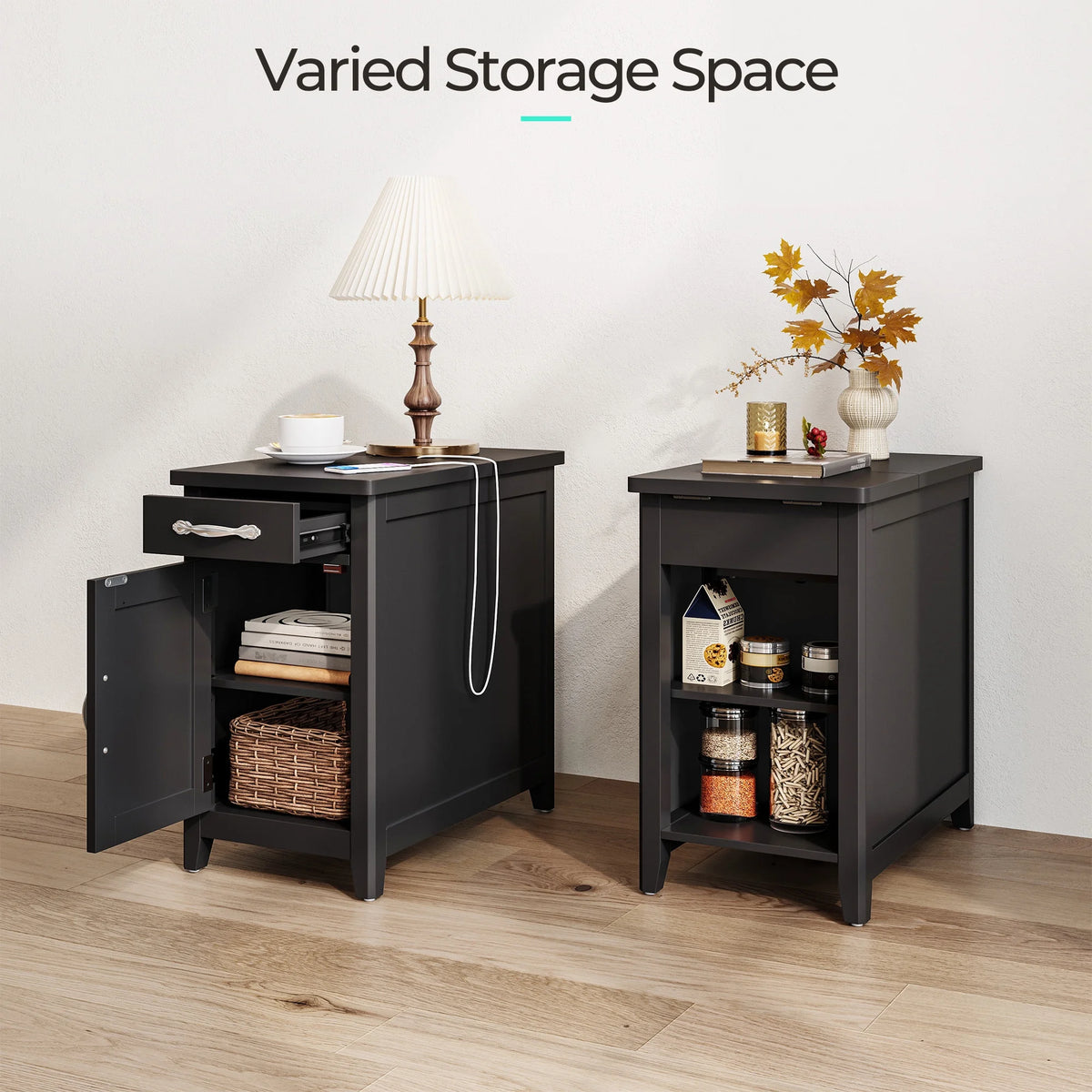 LINSY HOME End Tables for Living Room with Charging Station, Nightstand for Bedroom with Drawer and Detachable Holder,Washed Grey & Brown