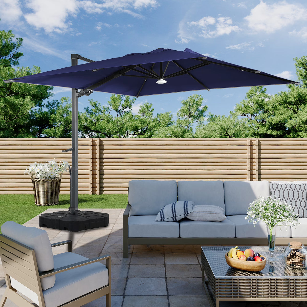 Boyel Living Cantilever Outdoor Patio Umbrellas, with Bluetooth Ambient Light & Base, Offset Square Umbrella for Pool Deck Garden Backyard, Navy Blue