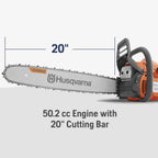 Husqvarna 450 Rancher 20 Inch Gas Chainsaw, 50.2-cc 3.2-HP, 2-Cycle X-Torq Engine, For Tree Pruning, Yard Cleanups and Firewood Cutting