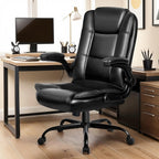 Office Chair - Ergonomic Leather Office Chair Computer Desk Chair, Comfortable High Back Office Chair with Adjustable Flip-up Armrest, Executive Leather Office Desk Chair with Smooth Wheels, Black