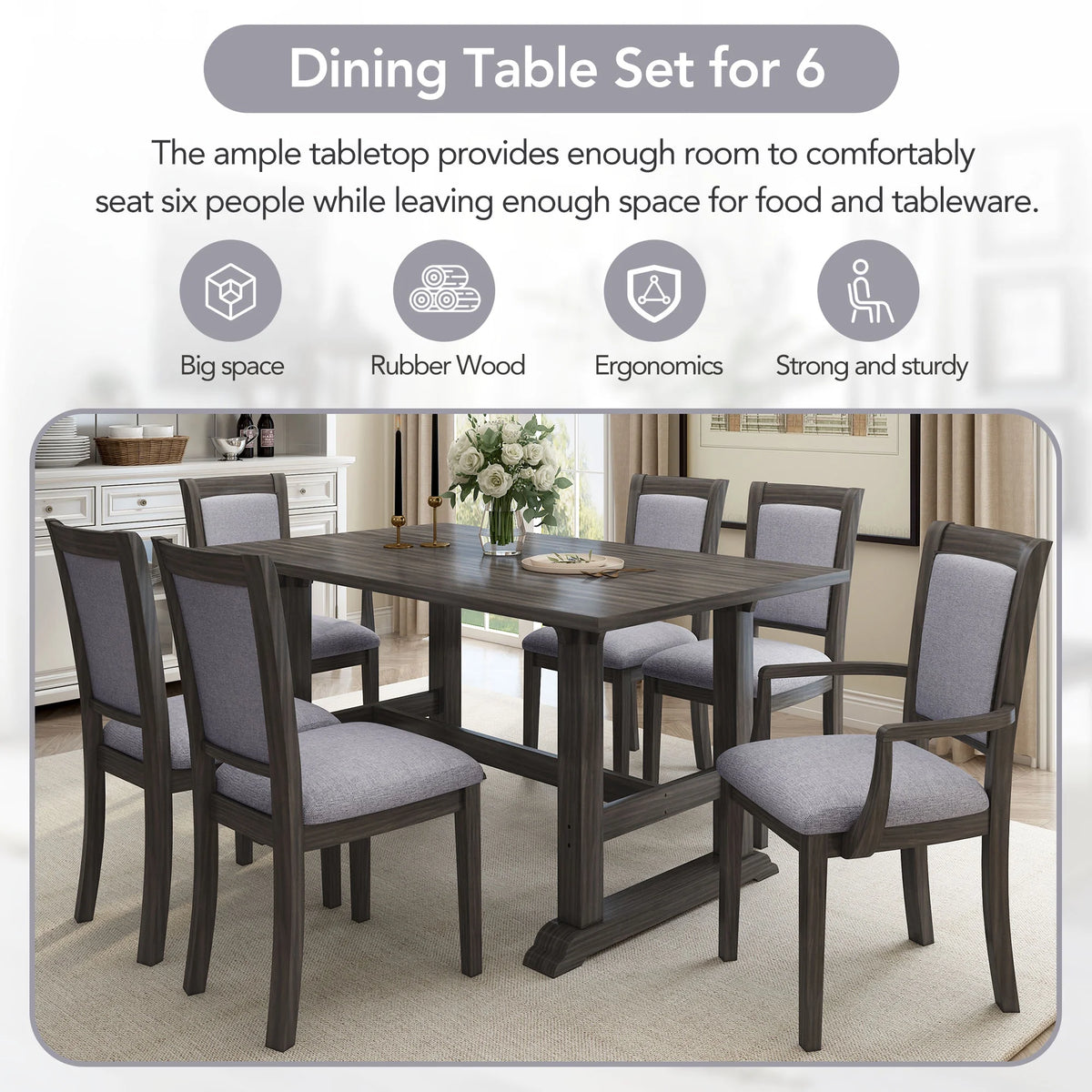 Harper & Bright Designs Farmhouse 7 Pieces Extendable Dining Table Set for 6, Solid Wood Kitchen Table with Butterfly Leaf and 6 Upholstered Chairs, Brown