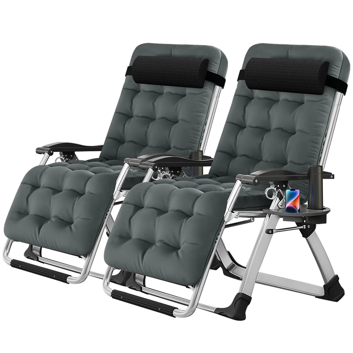 NAIZEA 2 Pack Zero Gravity Chair, Foldable Portable Lawn Recliner with Cushion, Headrest, Cup Holder, Black