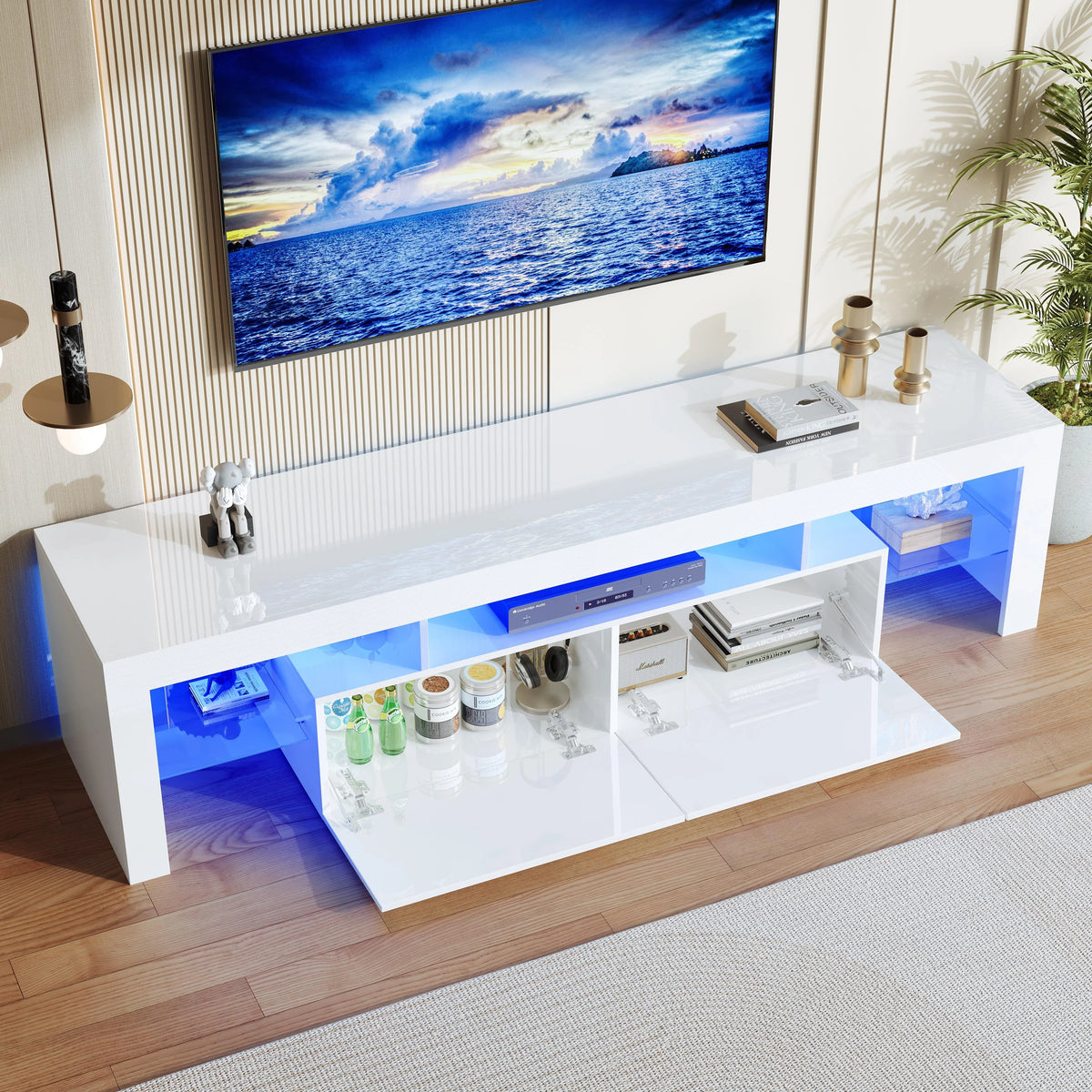 PAPROOS TV Stand for TVs up to 70", High Gloss TV Cabinet with LED Light, Modern TV Console Table with Storage Drawers, Media Television Stand Entertainment Center, White