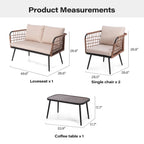 LAUSAINT HOME 4 Pieces Outdoor Conversation Sets, Patio Metal Frame Sofa with Wood Loveseat and Coffee Table, Beige Cushions