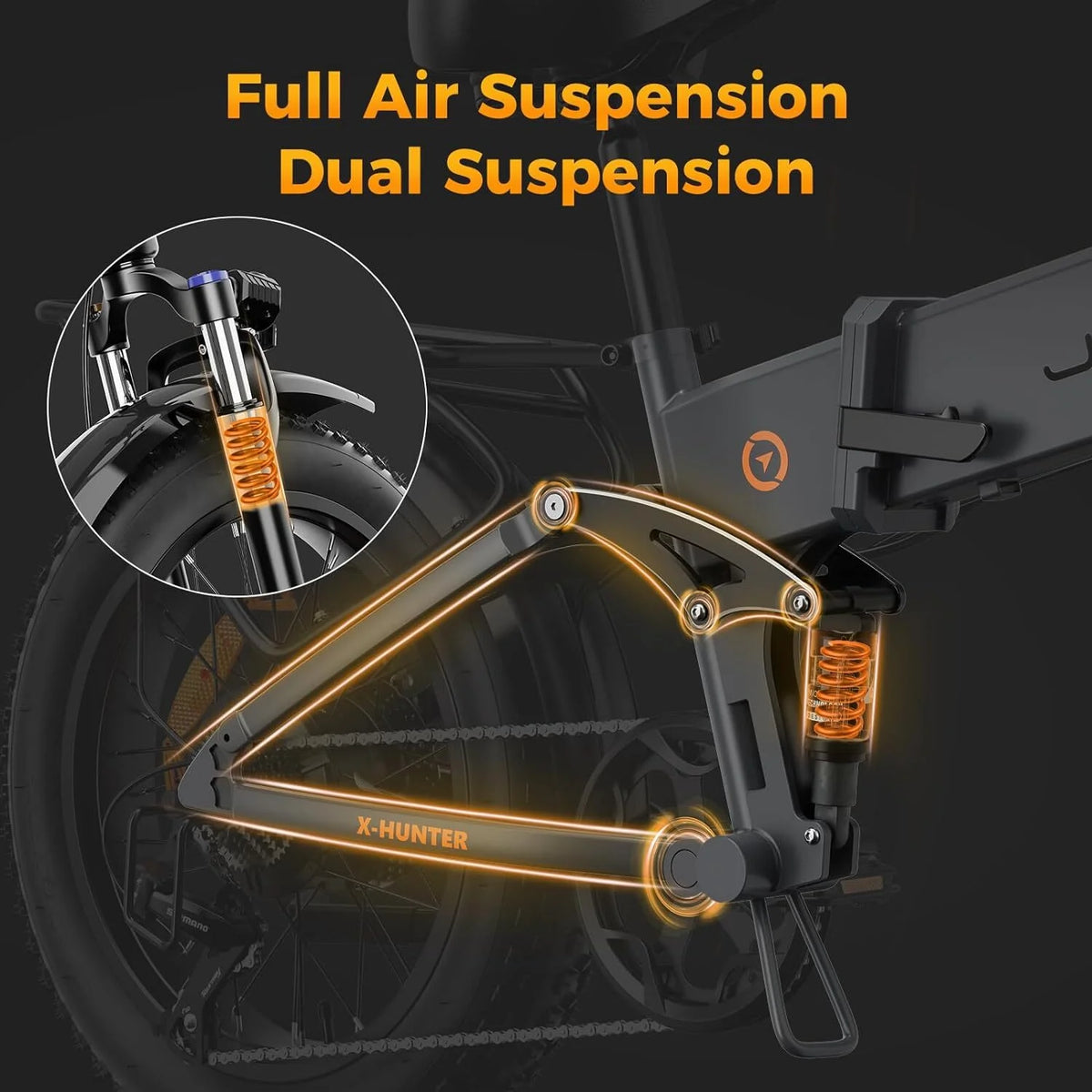 Jasion X-Hunter Electric Bike for Adults, 750W Motor Electric Bicycle with 48V 13AH Removable Battery, 20" x4.0 Fat Tire Folding Ebike, Full Suspension, 7-Speed Bicycles