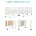 Dream On Me Quinn Full-Size Folding Crib. Removable Wheels. Modern Nursey. Adjustable Mattress Support. Patent Folding System in White