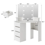 Veanerwood White Corner Vanity Desk with Mirror and Light,Makeup Table with 4 Drawers and Charging Station for Bedroom