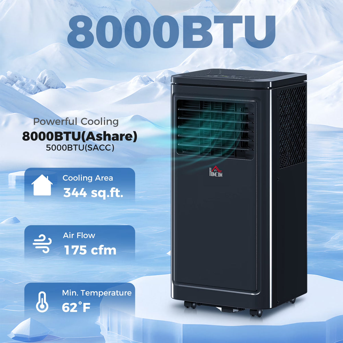 HOMCOM 8,000 BTU Portable Air Conditioner Fan with Remote for Rooms Up to 344 Sq. Ft., Evaporative Cooler, Home AC Unit with Dehumidifier, Black