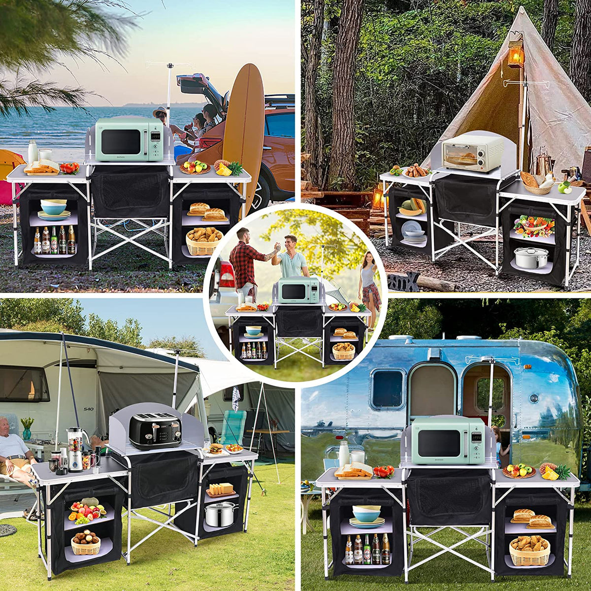 C Camping Kitchen Table, Folding Table, Upgrade Light Stand and Windshield Cooking Station & 3 Organizers, Carry Bag for Outdoor, Beach, BBQ, Picnic, Cooking, Indoor, Office