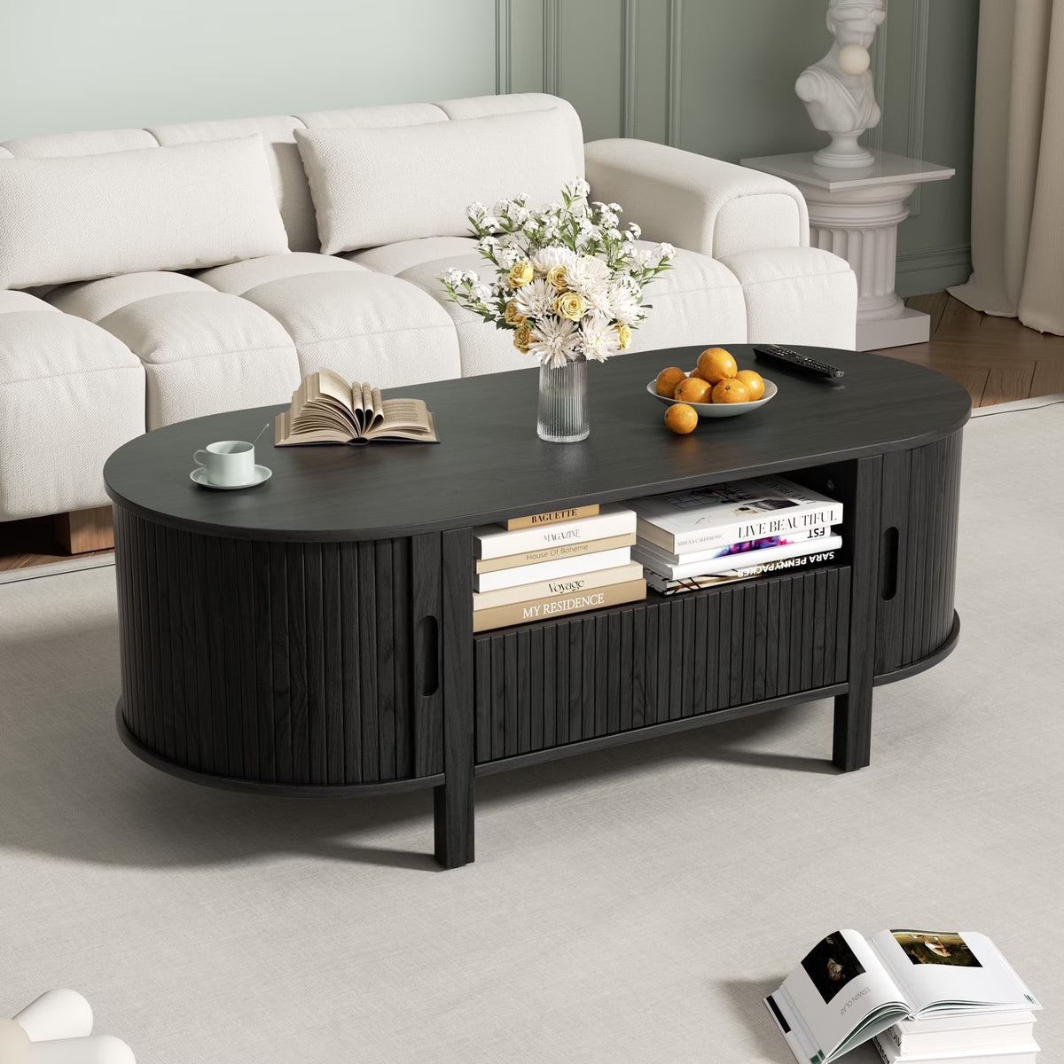 MARNUR Coffee Table with Storage, Tambour Sliding Door, Open Shelf, Mid Century Modern Center Table with Drawer for Living Room, Walnut