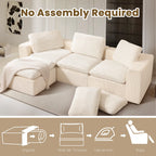 Cloud Sectional Couches for Living Room, Modular L-Shaped Sofa with Ottoman, Corduroy Sleeper Sofa Bed, No Assembly Compression Memory Foam Couch,White