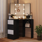 Veanerwood White Corner Vanity Desk with Mirror and Light,Makeup Table with 4 Drawers and Charging Station for Bedroom