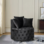 Swivel Barrel Chair, Modern Velvet Upholstered Lounge Chair with Button Tufted Design and Movable Wheels, Round Club Chair with 3 Pillows for Bedroom, Living Room, Lounge, Hotel. Black.