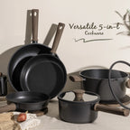 Astercook 18-Piece Pots and Pans Set, Nonstick Cookware Set with Elegant Wooden Handle, Oven Safe to 480��F, Induction Compatible, Kitchen Cooking Set for RV Trips, Camping and Picnic, Black