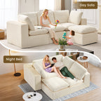 Cloud Sectional Couches for Living Room, Modular L-Shaped Sofa with Ottoman, Corduroy Sleeper Sofa Bed, No Assembly Compression Memory Foam Couch,White