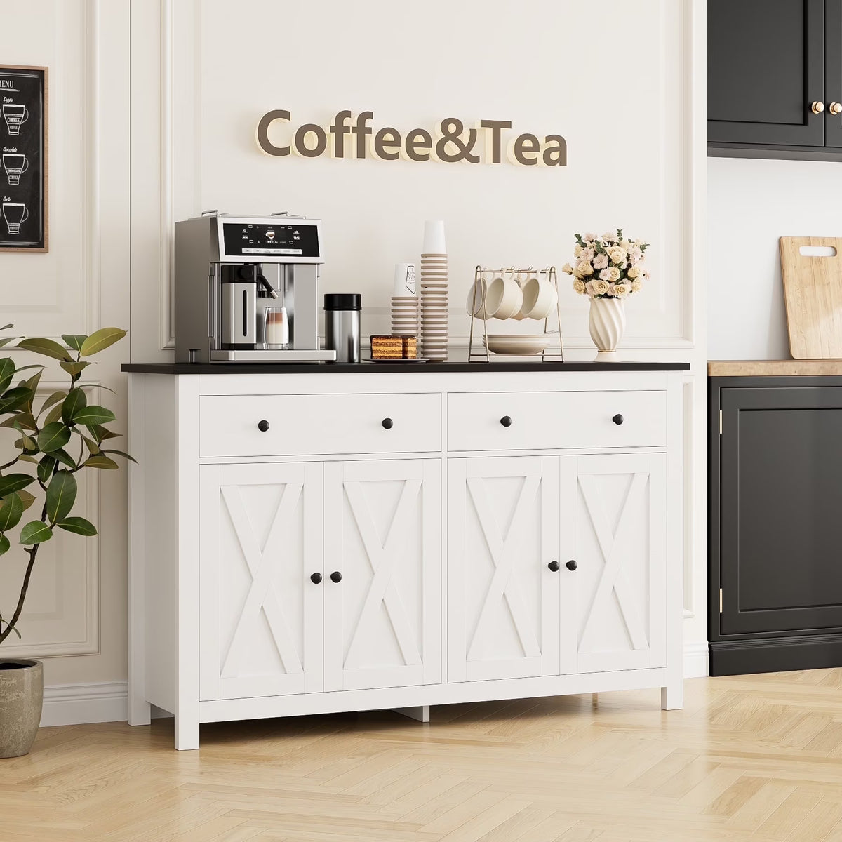Homfa 55.1'' W Farmhouse Storage Cabinet, 4-Doors 2-Drawers Wood Sideboard with Adjustable Shelves for Kitchen Dining Room, White
