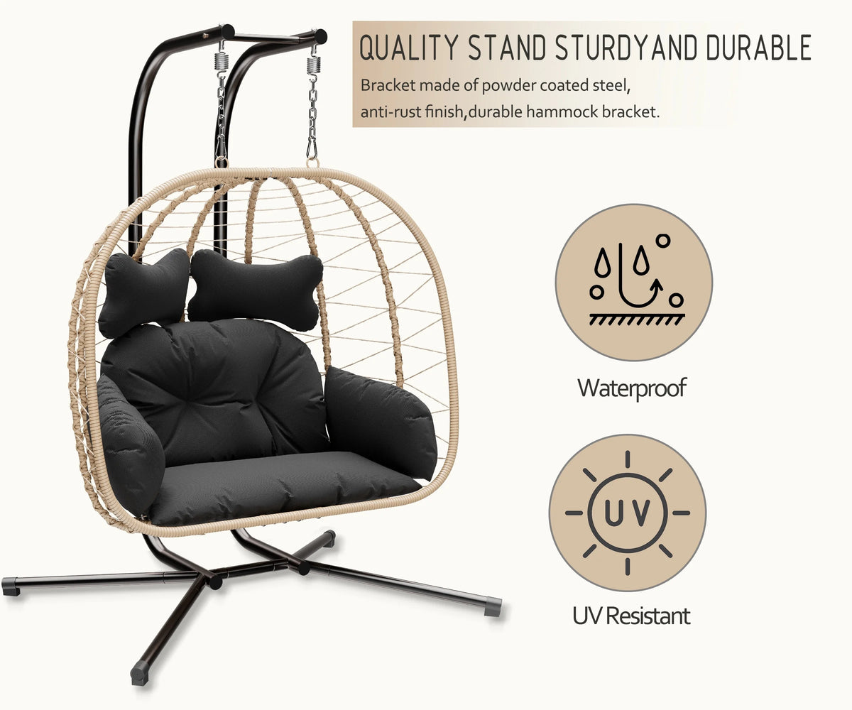 Bifanuo Double Wicker Swing Egg Chair Hammock Foldable Hanging Loveseat with Stand, UV Resistant Removable Cushions, 700LBS Capacity for Bedroom, Balcony (Black and Beige)