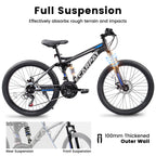 Mountain Bike 26 inch Wheels, 21-Speed Full Suspension Mens Womens Trail Commuter City Mountain Bike, Carbon Steel Frame Disc Brakes Thumb Shifter Front Fork Rear Shock Absorber Bicycles