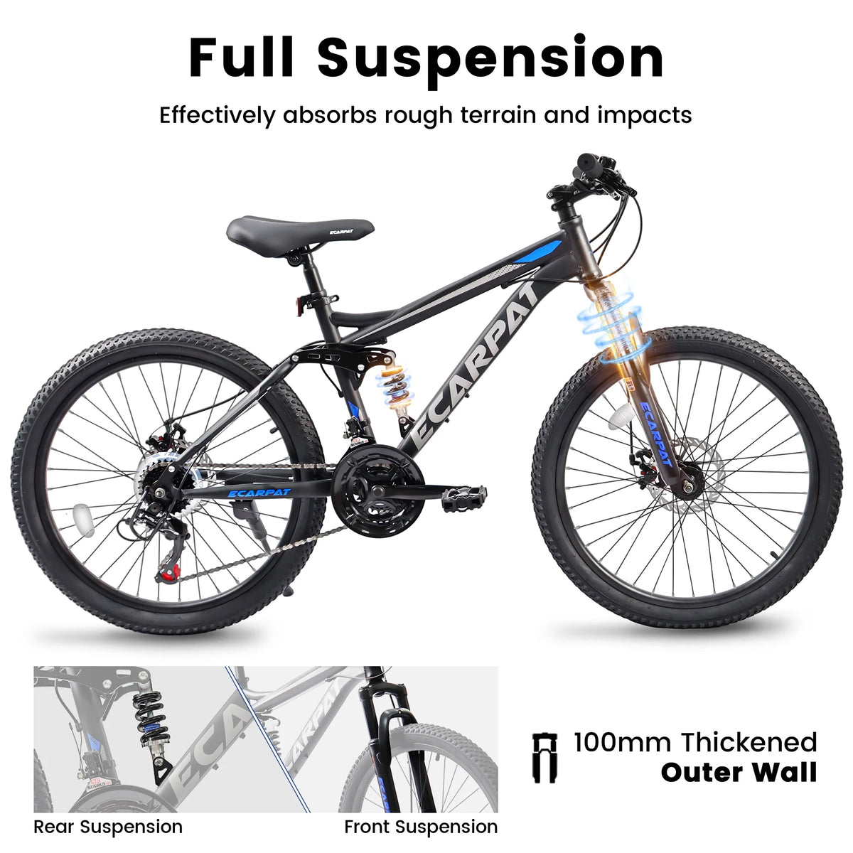 Mountain Bike 26 inch Wheels, 21-Speed Full Suspension Mens Womens Trail Commuter City Mountain Bike, Carbon Steel Frame Disc Brakes Thumb Shifter Front Fork Rear Shock Absorber Bicycles