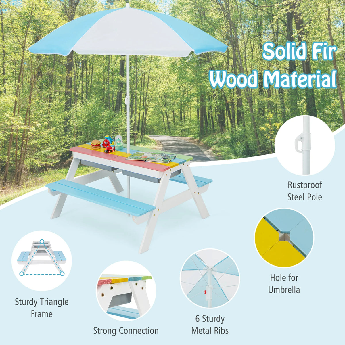 Costway 3-in-1 Kids Picnic Table Wooden Outdoor Sand & Water Table with Umbrella Play Boxes Green