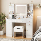 Vanity Set with Mirror and Lights, Makeup Table with Charging Station,5 Drawers & Storage Shelves, White